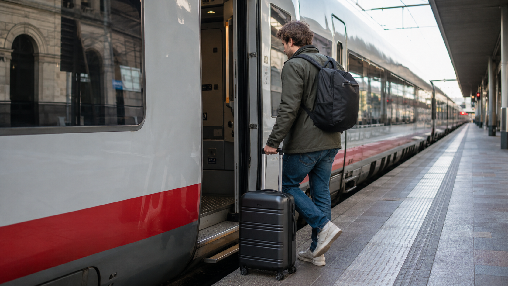 Traveler boarding a European train with a medium suitcase and compact daypack