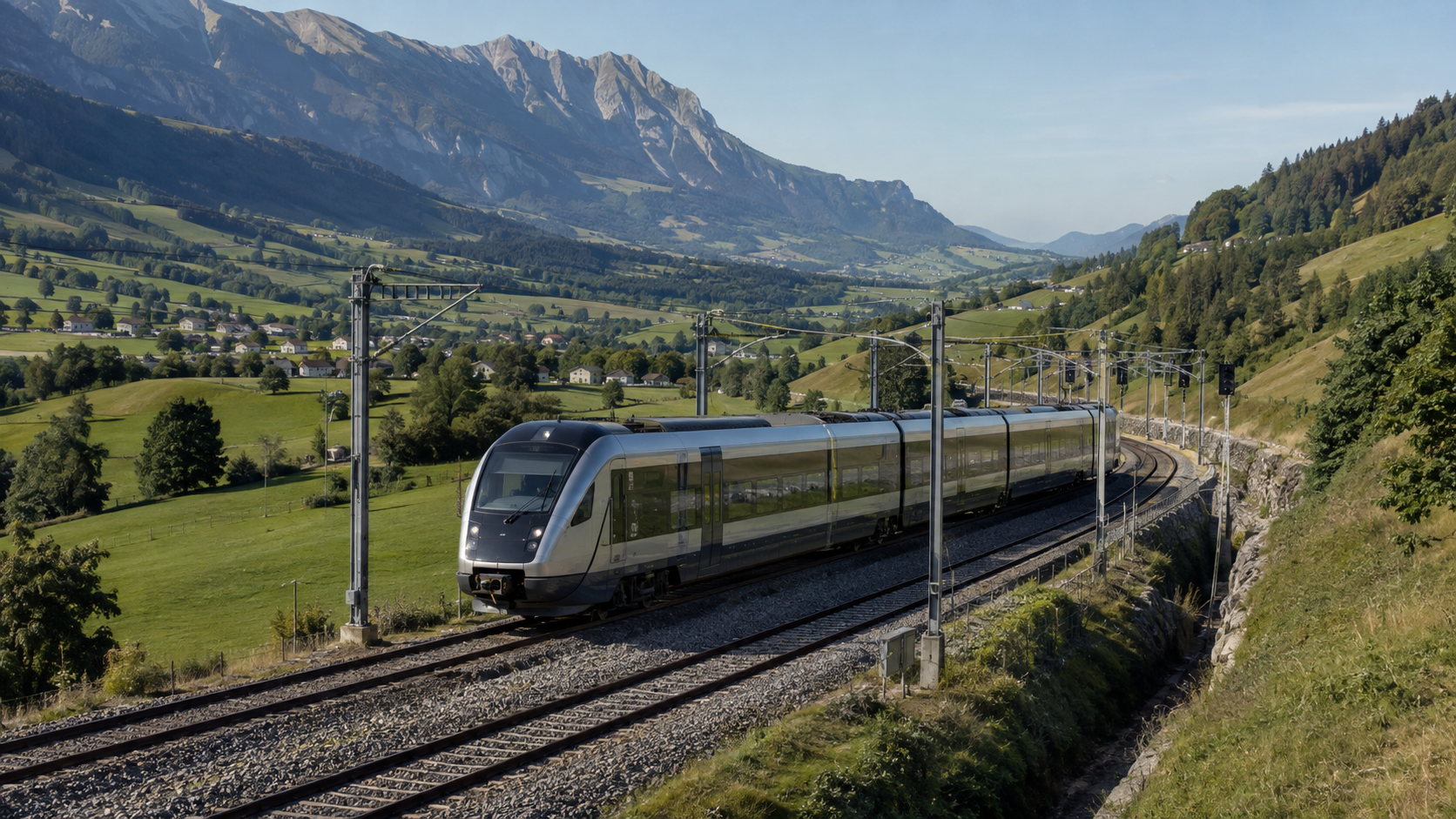 Modern passenger train crossing a green alpine valley in Europe