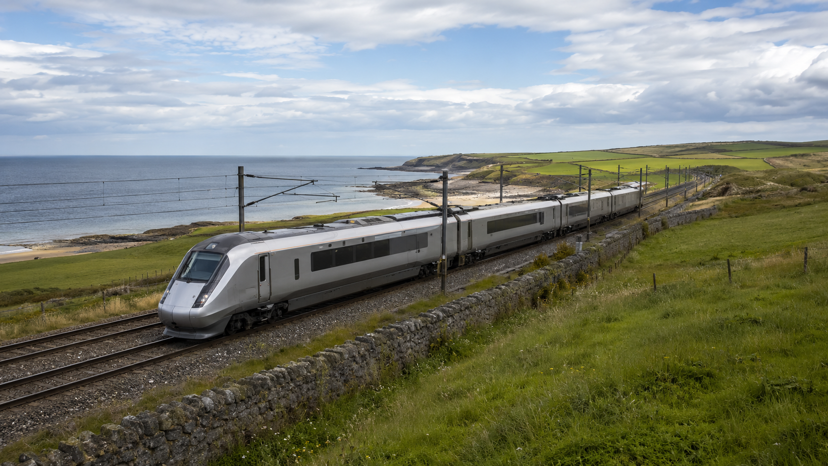 Intercity passenger train crossing the green countryside on the route to Edinburgh