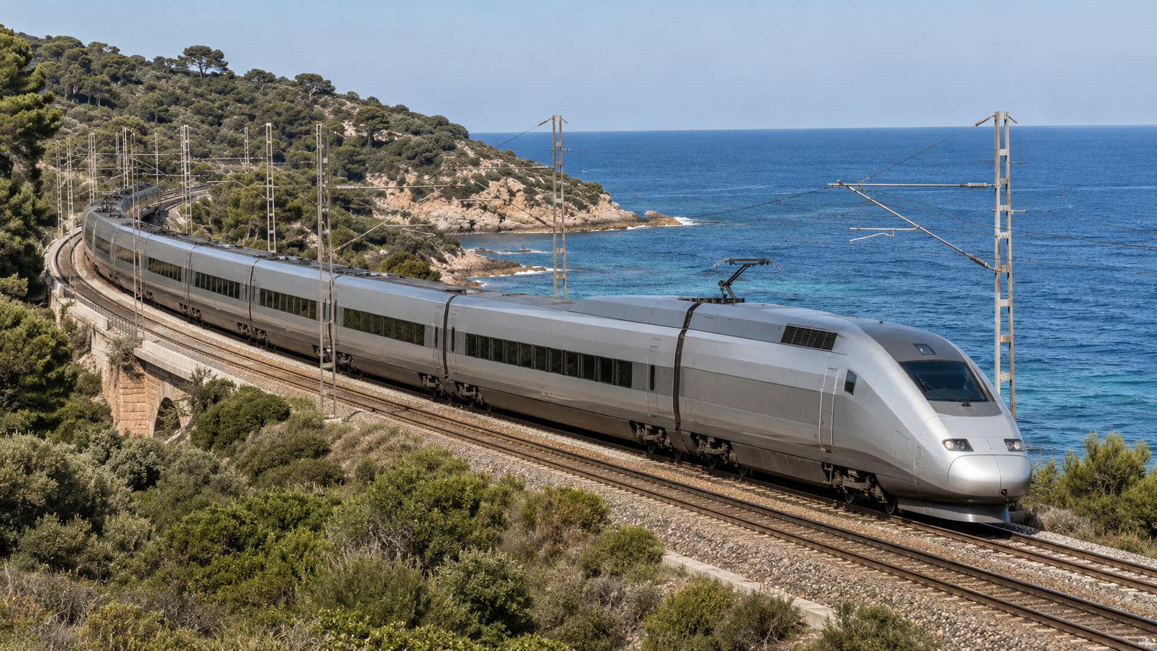 High-speed passenger train crossing the Mediterranean coast on the route from Paris to Nice