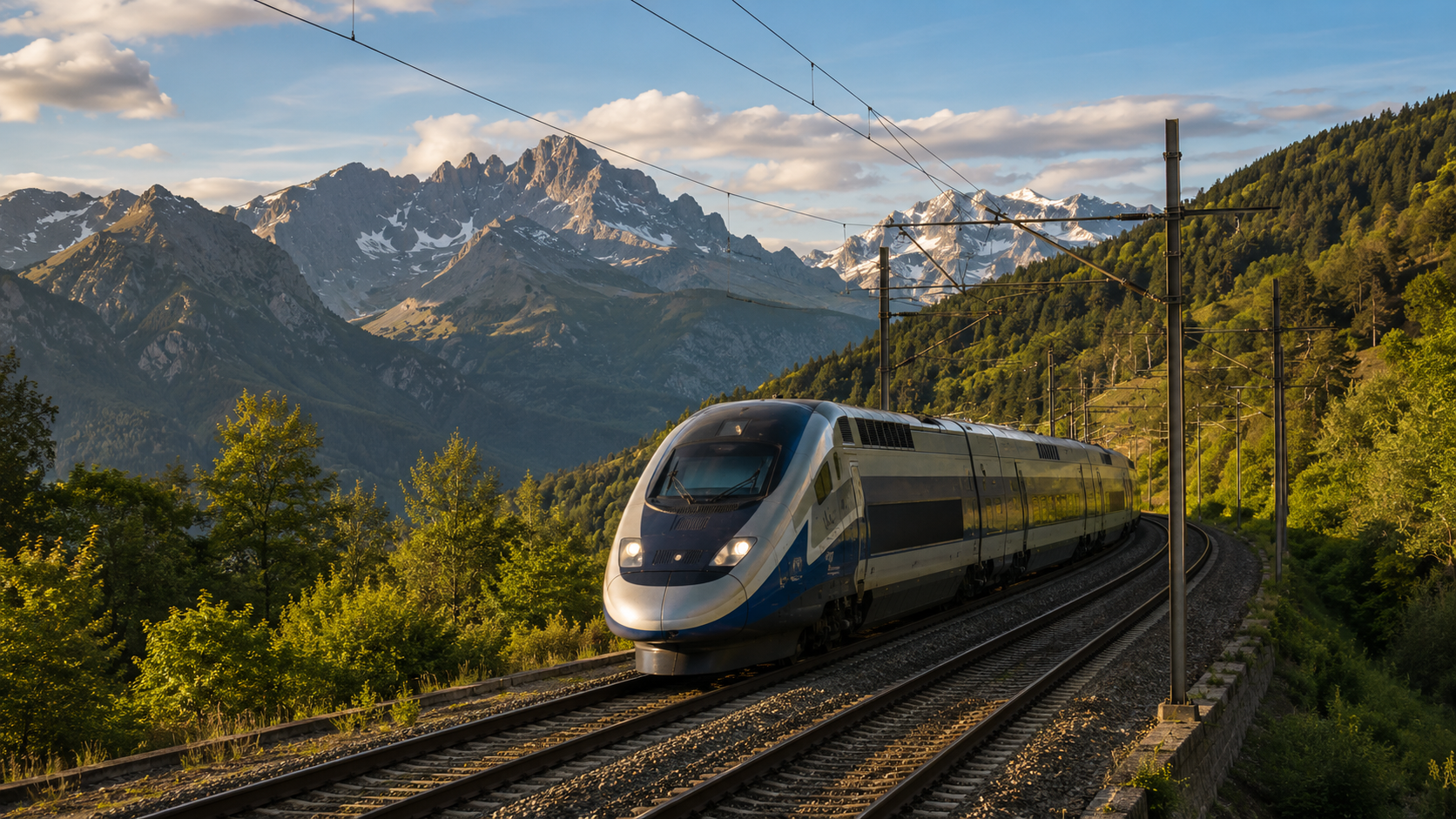 High-speed train traveling through the Alps between France and Italy