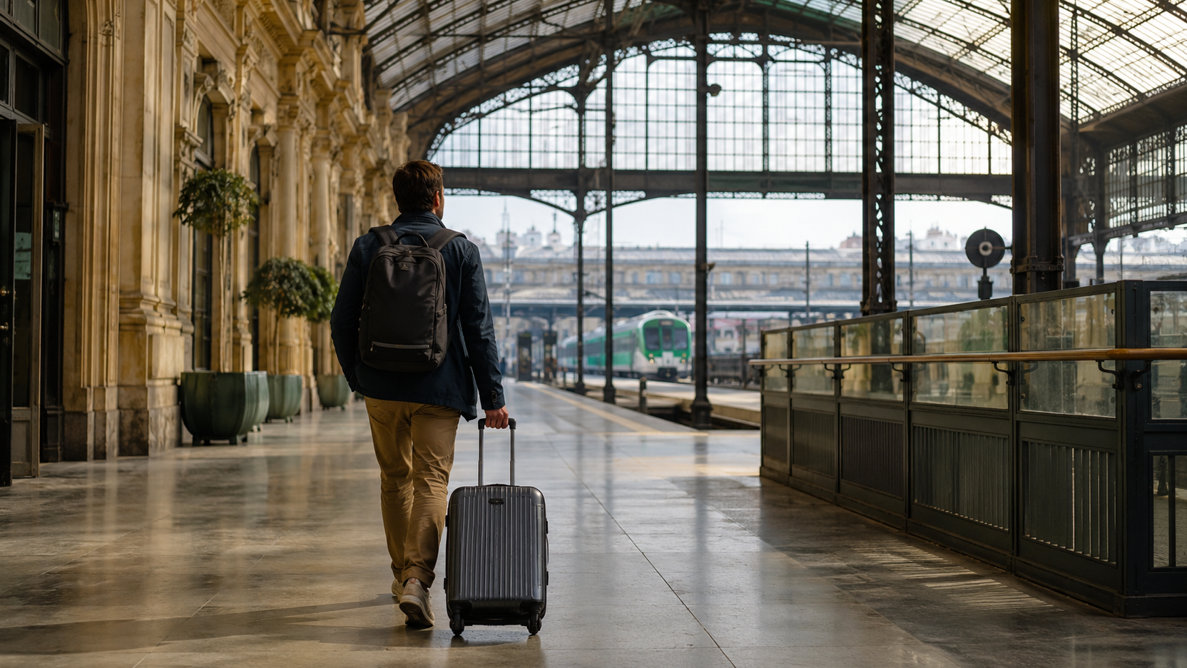 Traveler with a rolling suitcase inside a grand Paris railway station