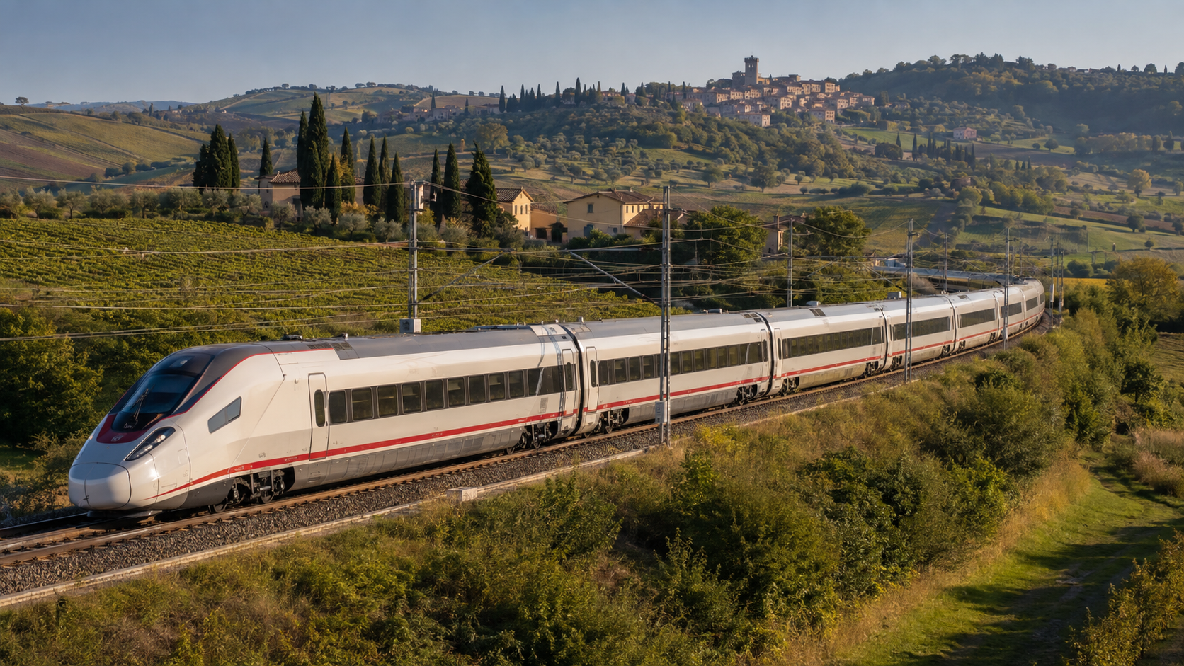High-speed train crossing the Tuscan countryside near Florence