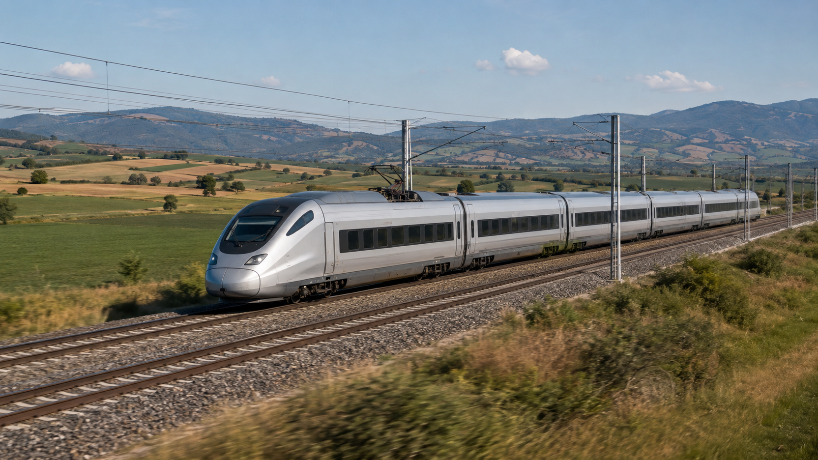 High-speed passenger train crossing cultivated Italian countryside between Rome and Milan