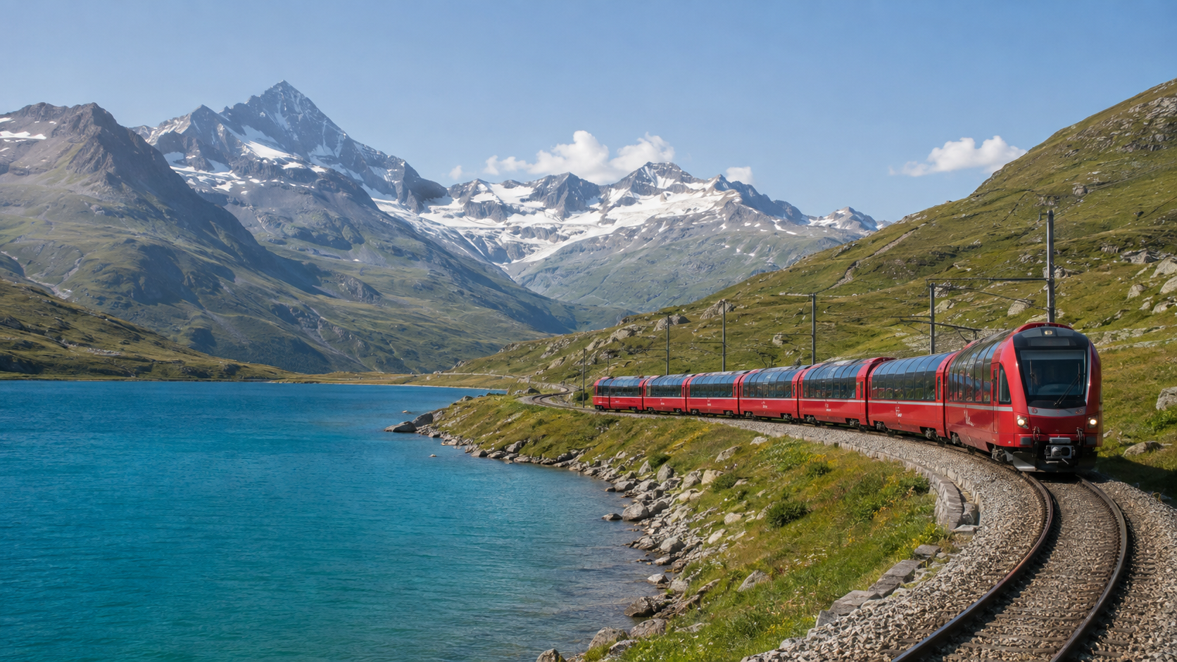 Red panoramic train beside a turquoise lake in the Swiss Alps