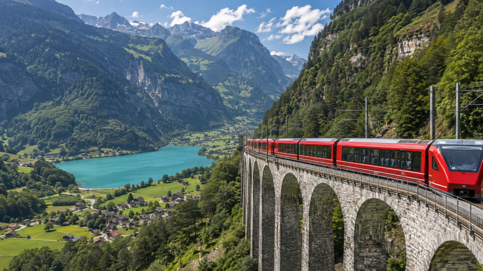 Red passenger train crossing an alpine viaduct above a turquoise Swiss lake